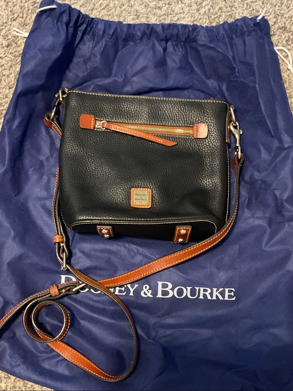 Dooney & Bourke Black Pebbled Leather Crossbody with Brown Trim